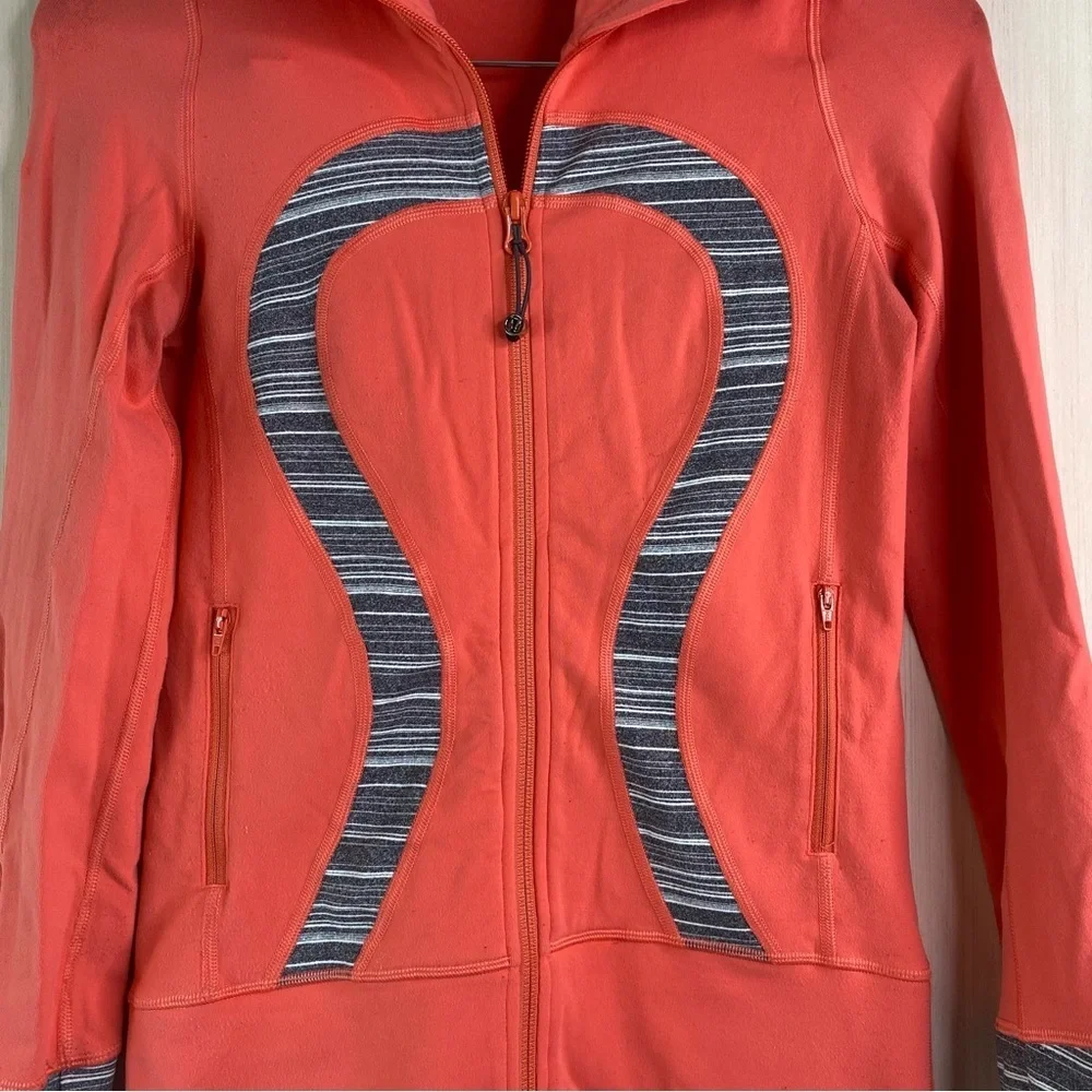 Lululemon Women's In Stride Full Zip Jacket Coral Coal Strata Stripes Size 2